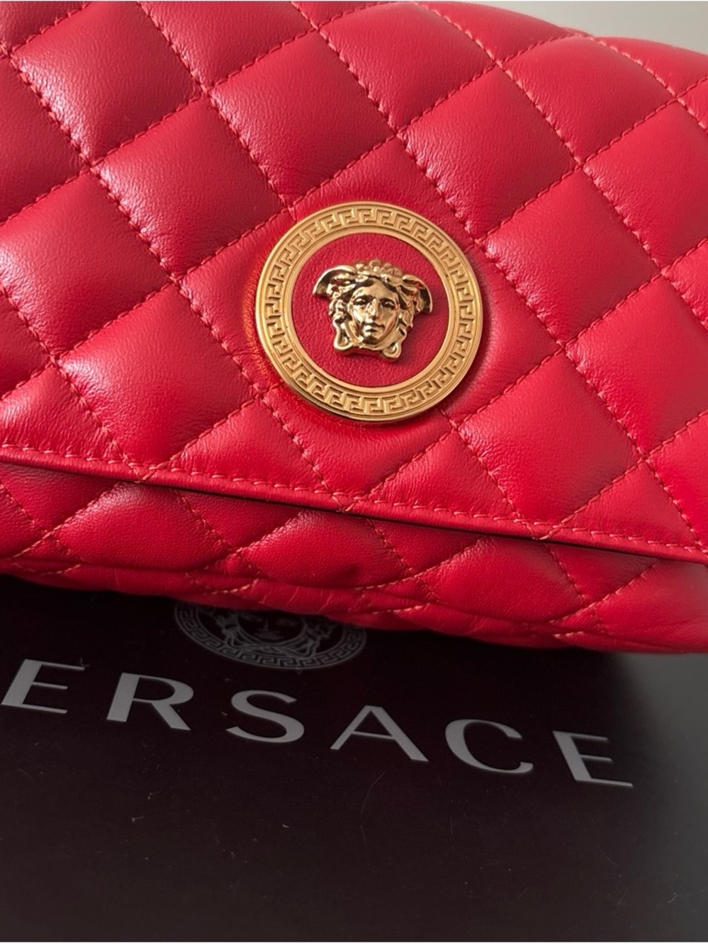 Versace Red Quilted Leather Shoulder Bag with Gold Medusa Emblem